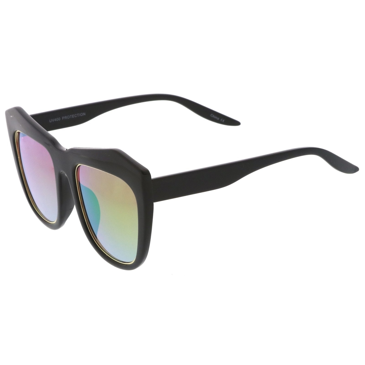Oversize Chunky Frame Square Colored Mirror Lens Cat Eye Sunglasses 56mm - Black / Purple-Green Mirror