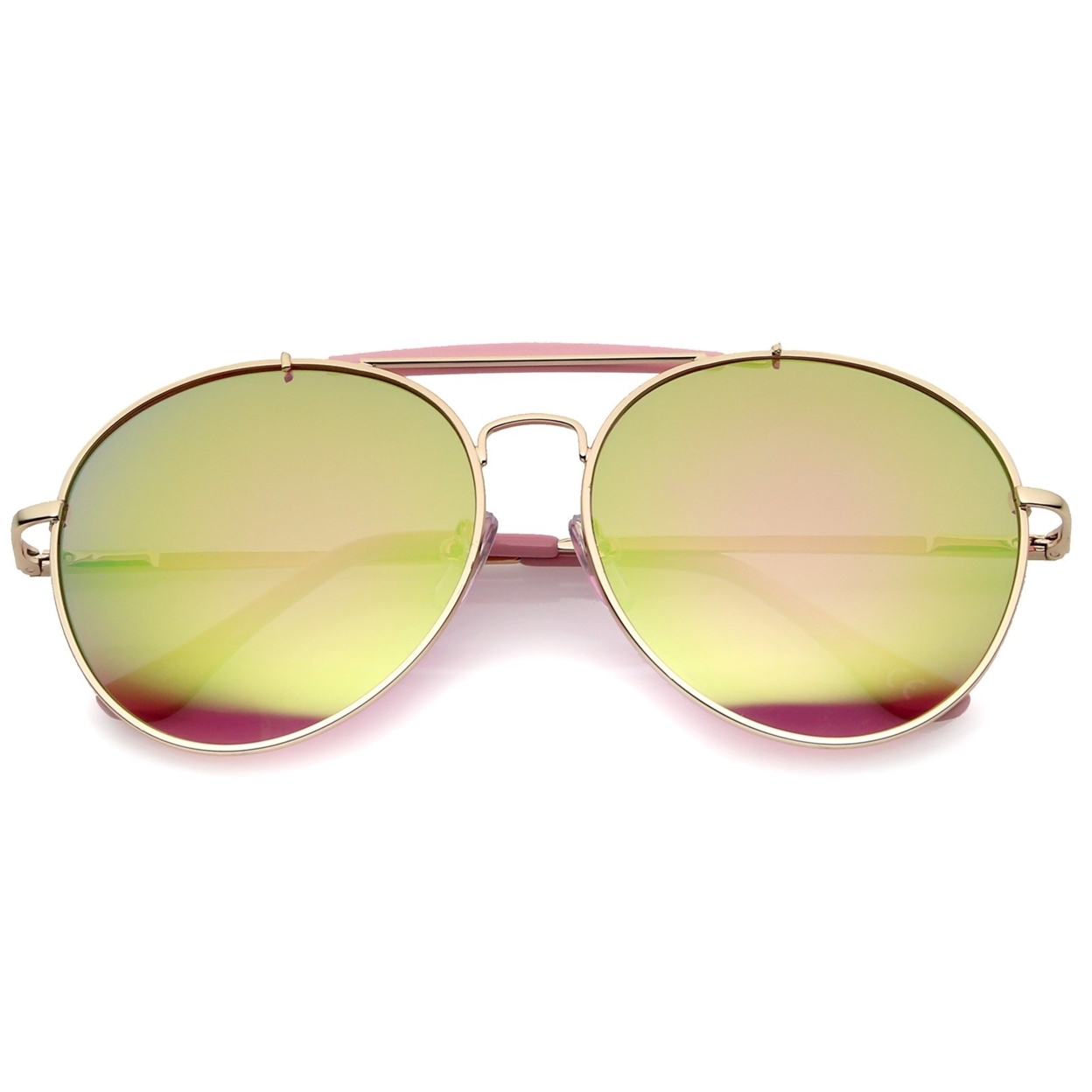 Oversize Double Nose Bridge Round Colored Mirror Lens Aviator Sunglasses 58mm - Green-Gold / Green-Blue Mirror