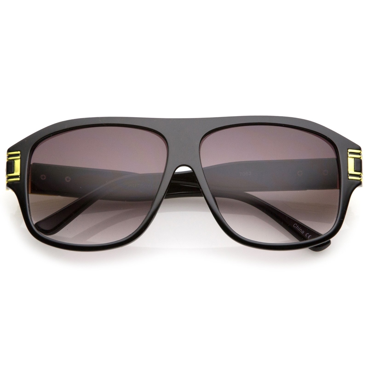 Oversize Flat Top Metal Accent Wide Temple Square Lens Aviator Sunglasses 60mm - Matte Black-Gold / Lavender