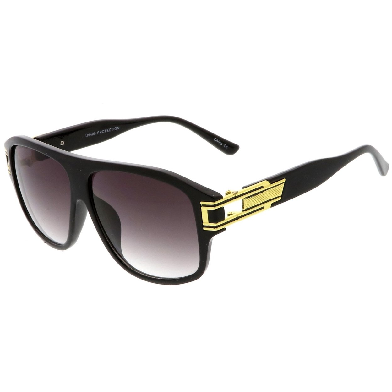 Oversize Flat Top Metal Accent Wide Temple Square Lens Aviator Sunglasses 60mm - Shiny Black-Gold / Lavender