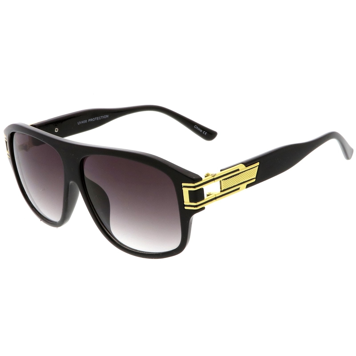 Oversize Flat Top Metal Accent Wide Temple Square Lens Aviator Sunglasses 60mm - Matte Black-Gold / Lavender