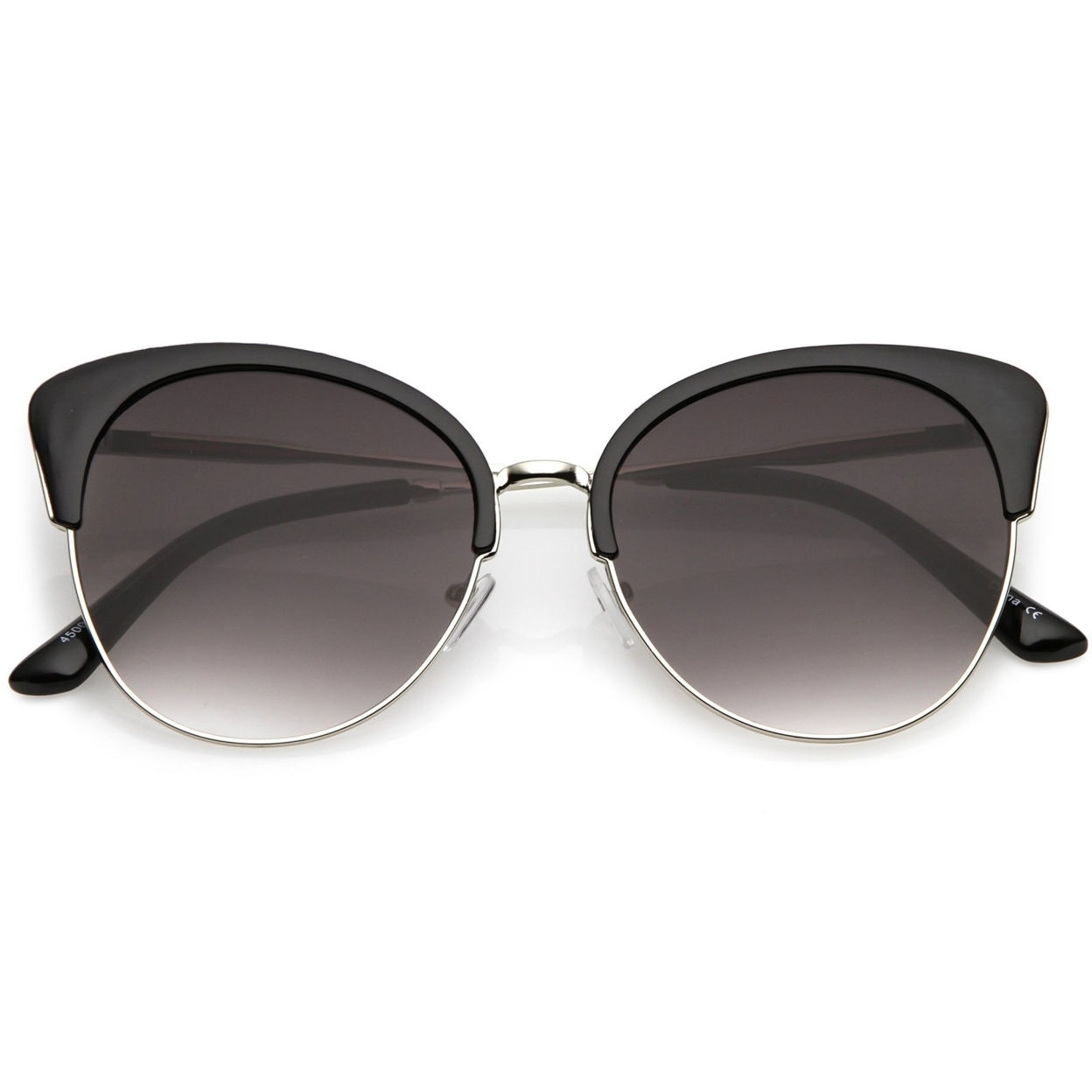 Oversize Half Frame Cat Eye Sunglasses With Round Neutral Color Flat Lens 58mm - Black Silver / Lavender