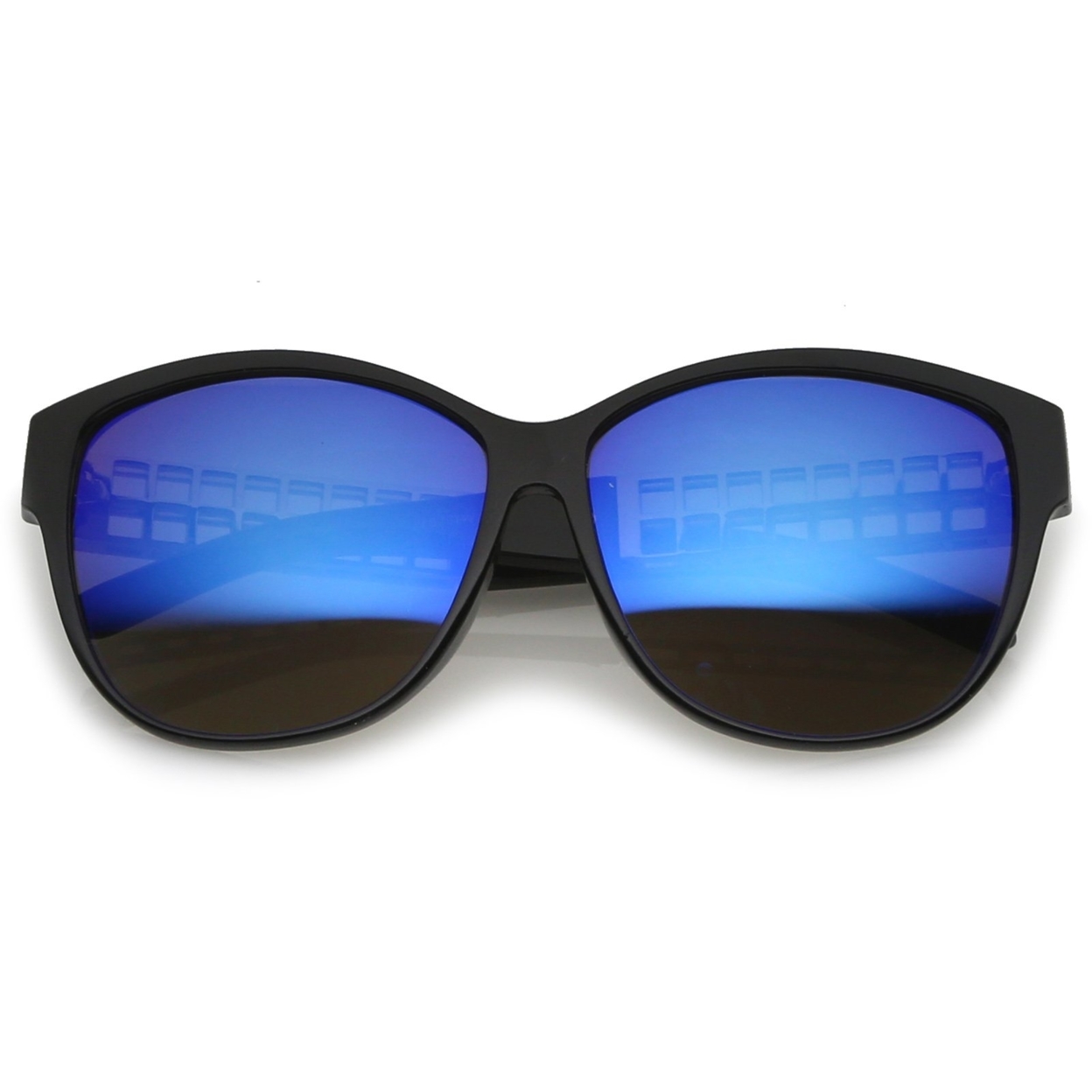Oversize Horn Rimmed Metal Temple Mirror Square Lens Cat Eye Sunglasses 62mm - Black-Silver / Blue Mirror