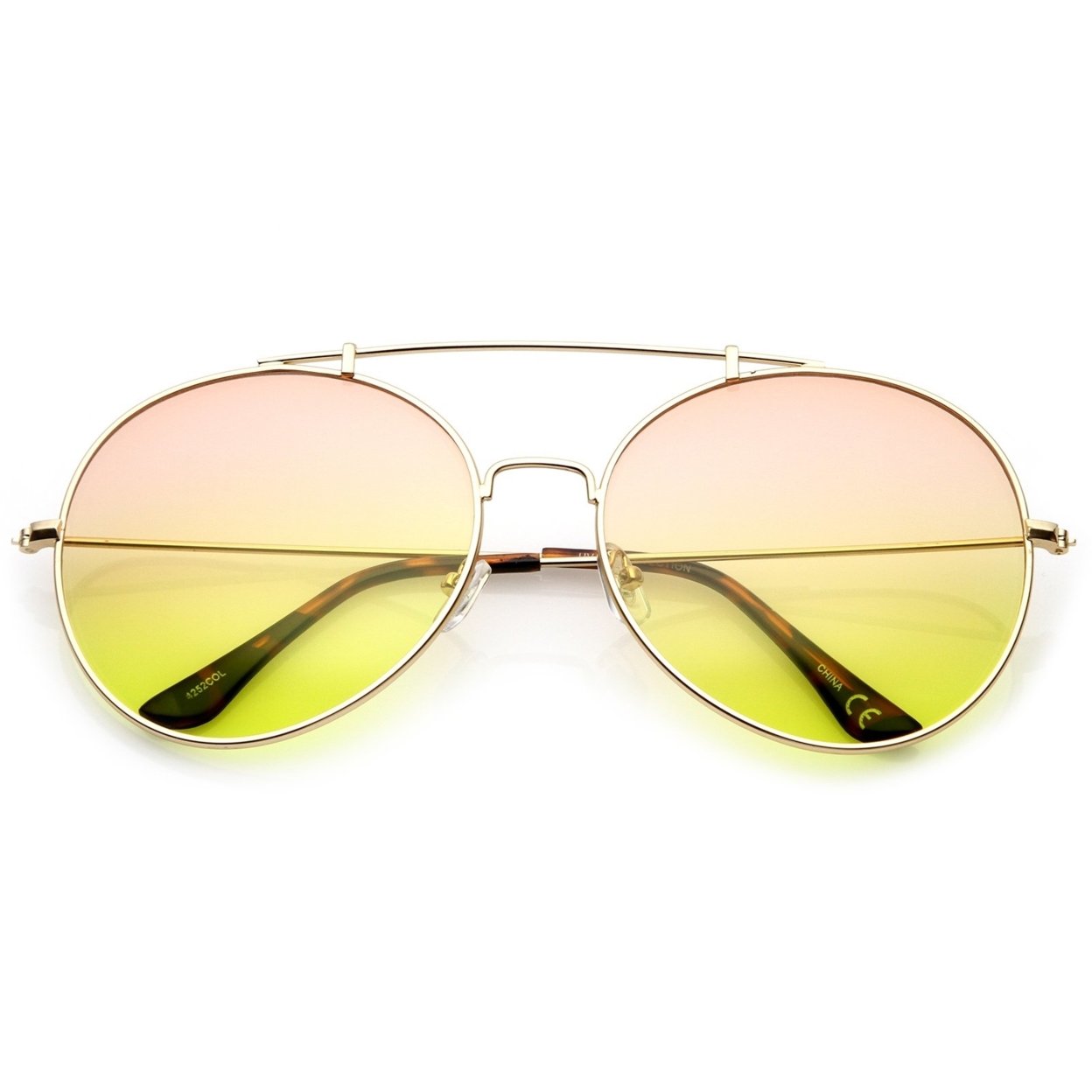 Oversize Metal Double Nose Bridge Slim Arms Gradient Round Lens Aviator Sunglasses 64mm - Gold / Orange-Yellow