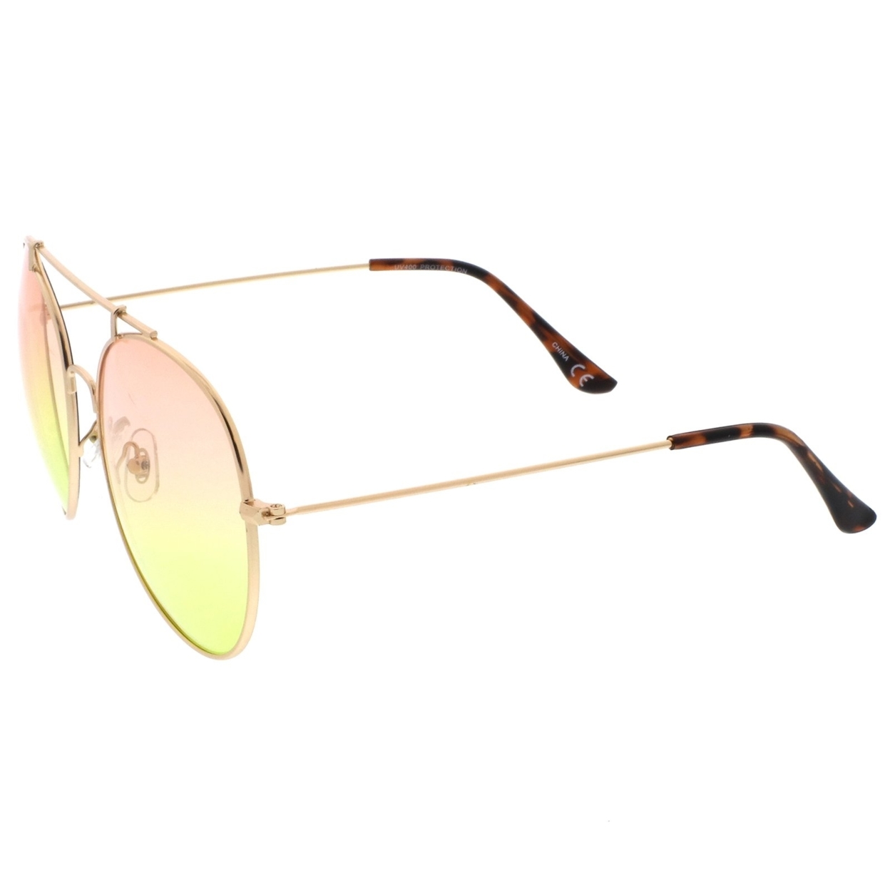 Oversize Metal Double Nose Bridge Slim Arms Gradient Round Lens Aviator Sunglasses 64mm - Gold / Orange-Yellow