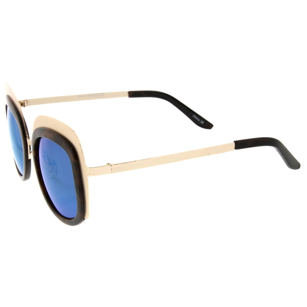 Oversize Metal Frame Border Colored Mirror Lens Square Sunglasses 43mm - Gold-Tortoise / Blue Mirror
