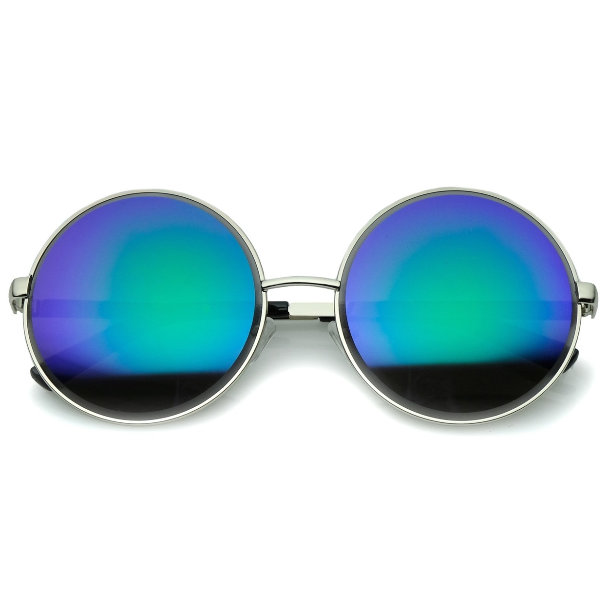 Oversize Metal Frame Etched Edge Colored Mirror Lens Round Sunglasses 60mm - Gold / Green-Purple Mirror