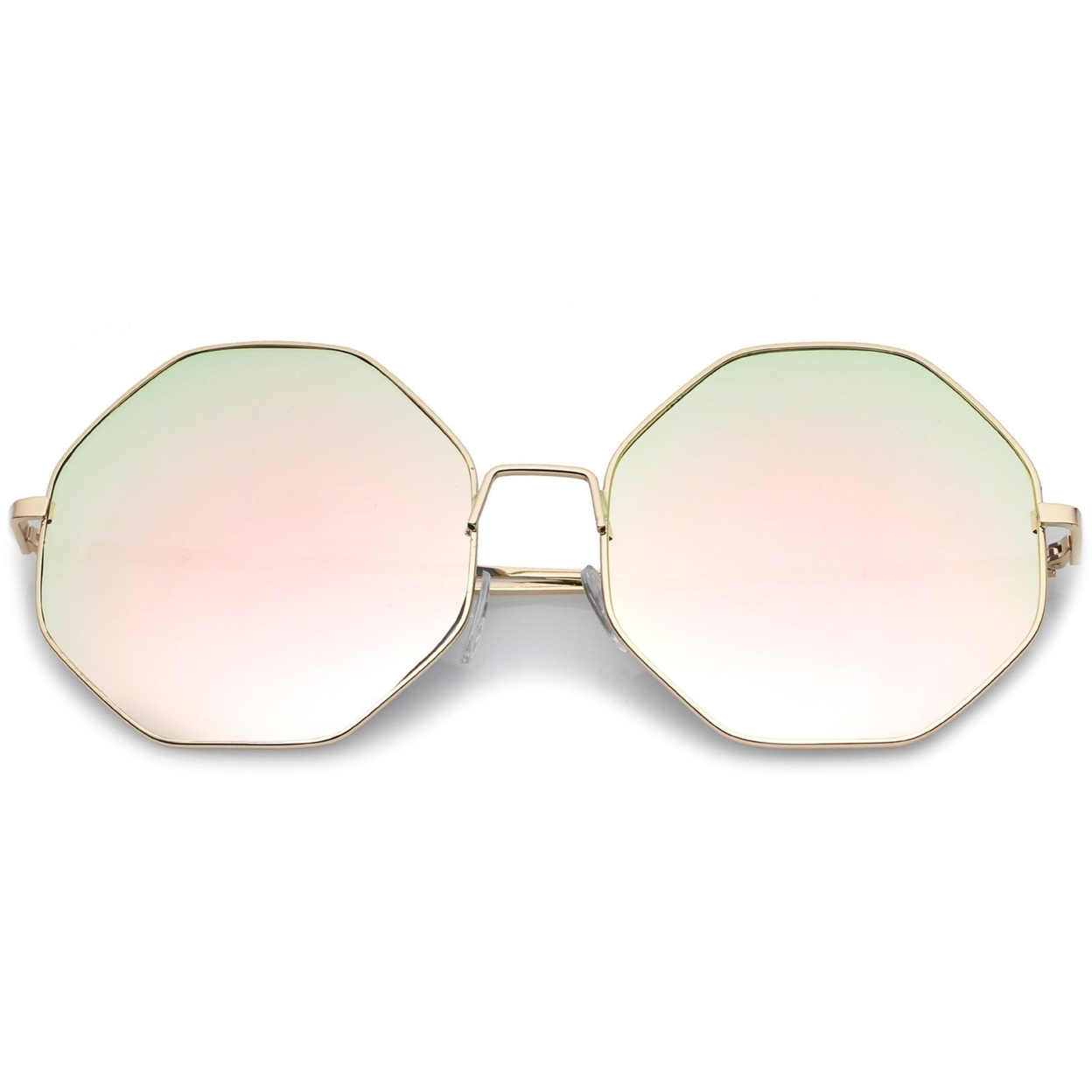 Oversize Metal Frame Slim Temple Colored Mirror Lens Hexagon Sunglasses 63mm - Gold / Pink-Green Mirror