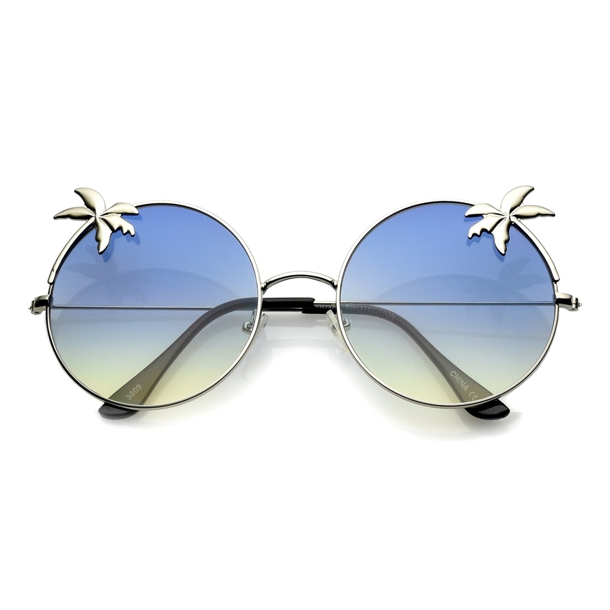 Oversize Metal Ultra Slim Temple Palm Tree Flat Gradient Lens Round Sunglasses 57mm - Silver / Blue Pink