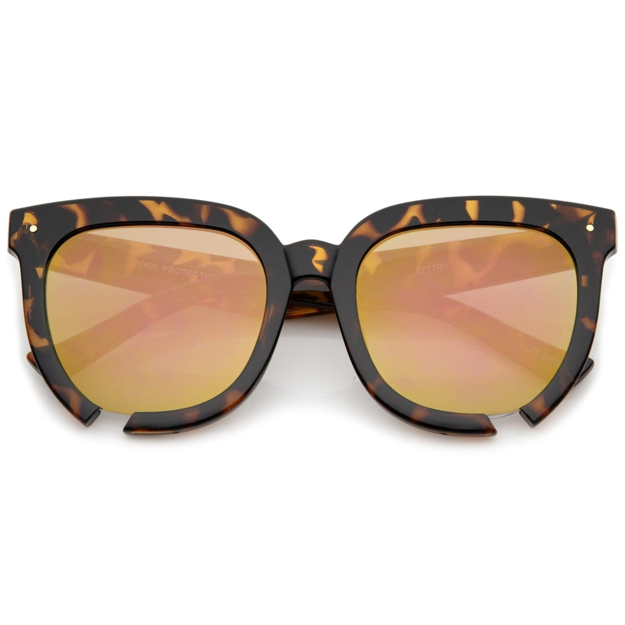Oversize Notch Detail Square Colored Mirror Flat Lens Horn Rimmed Sunglasses 54mm - Tortoise / Gold Mirror