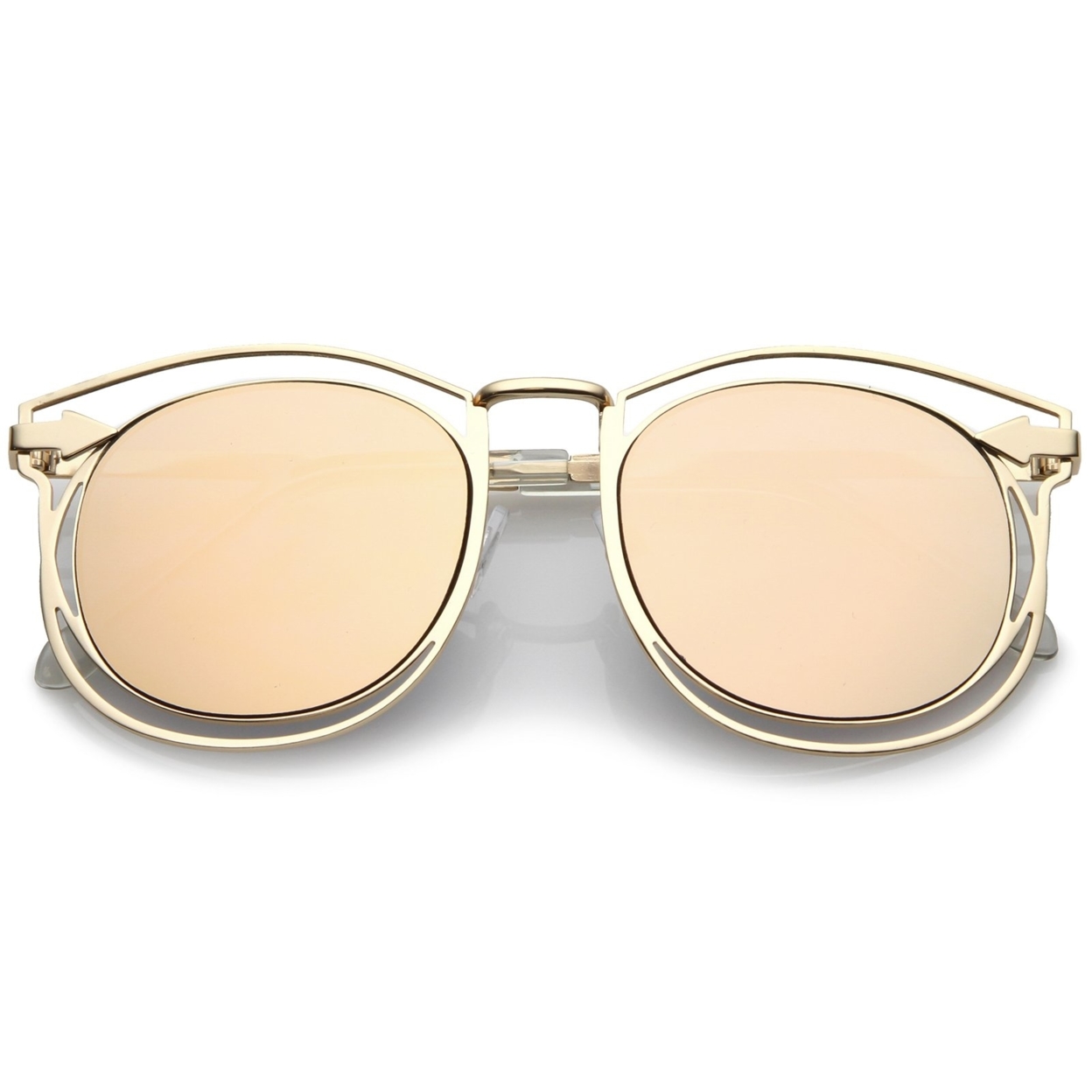 Oversize Open Metal Horn Rimmed Sunglasses With Arrow Design And Round Mirror Flat Lens 55mm - Gold / Silver Mirror