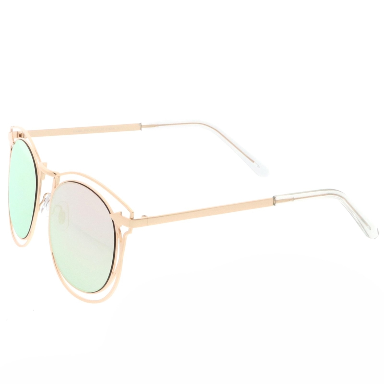 Oversize Open Metal Horn Rimmed Sunglasses With Arrow Design And Round Mirror Flat Lens 55mm - Gold / Silver Mirror