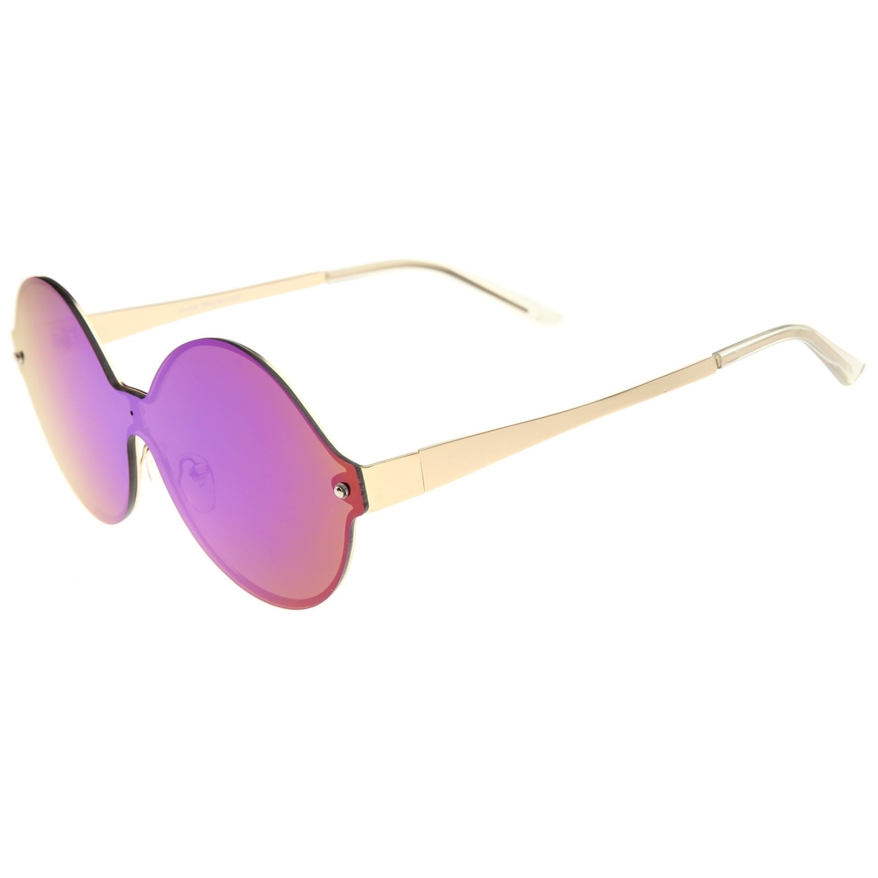 Oversize Round Color Mirror Shield Lens Metal Temple Rimless Sunglasses 69mm - Gold / Pink Mirror