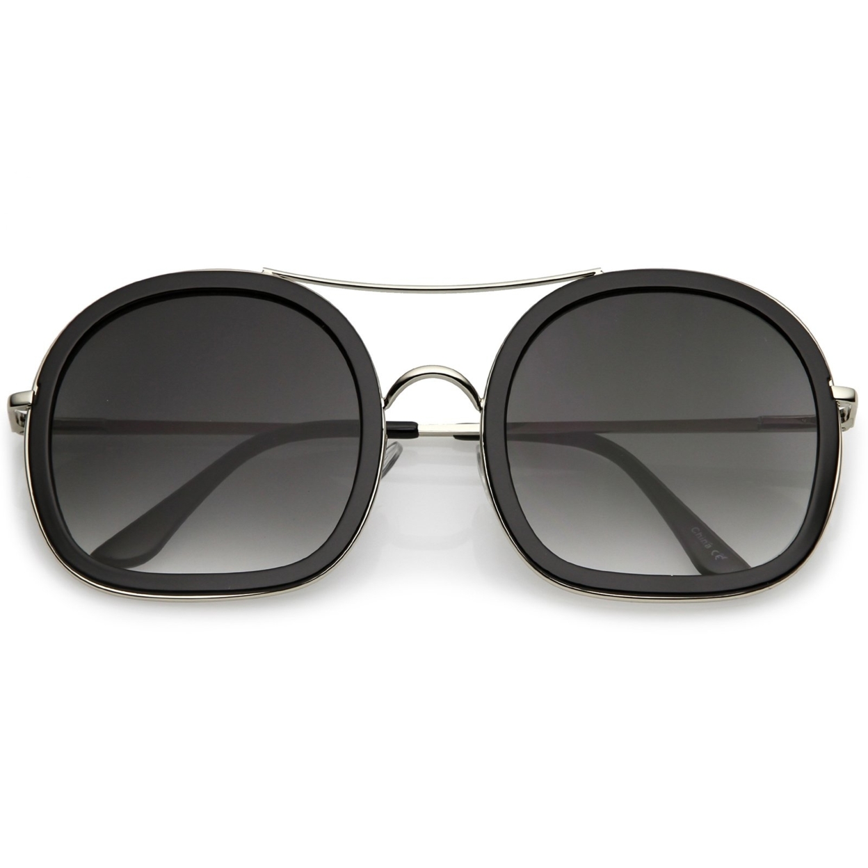 Oversize Round Sunglasses Double Metal Crossbar Thin Arms Flat Lens 58mm - Black Black / Smoke