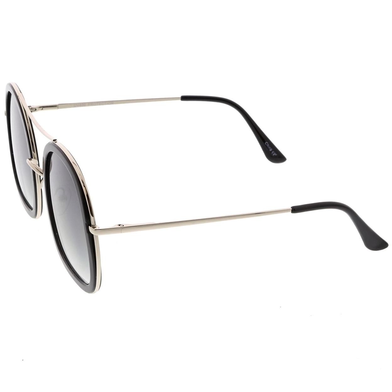 Oversize Round Sunglasses Double Metal Crossbar Thin Arms Flat Lens 58mm - Black Black / Smoke