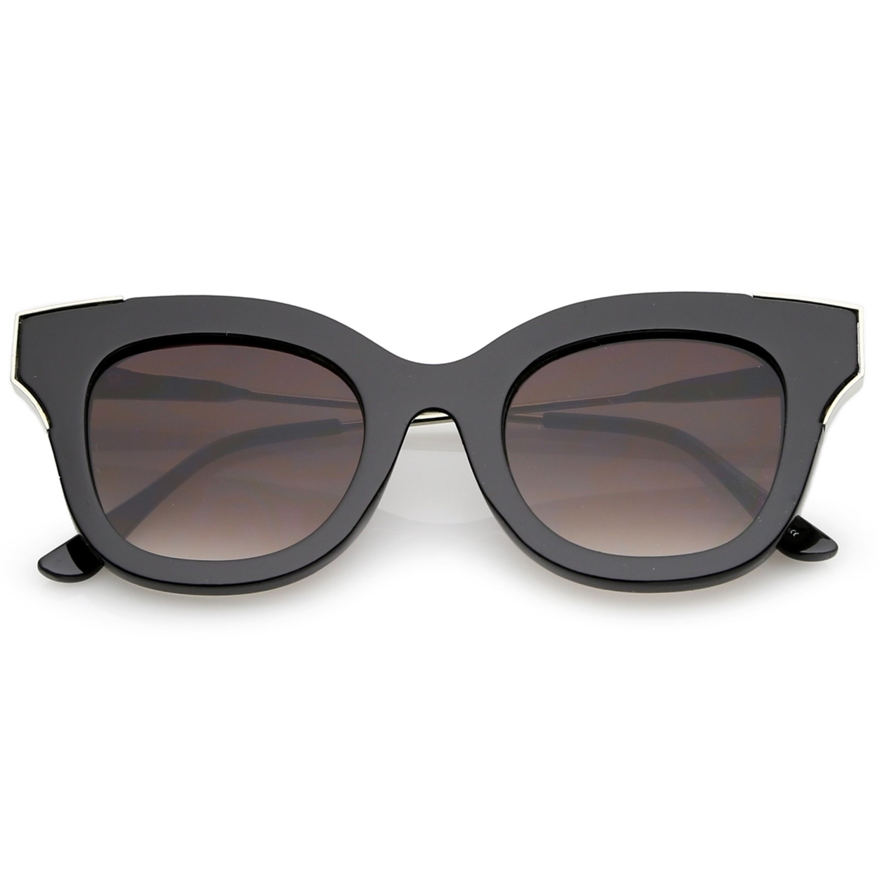 Oversize Thick Slim Temple Metal Trim Square Flat Lens Cat Eye Sunglasses 48mm - Black-Gold / Smoke