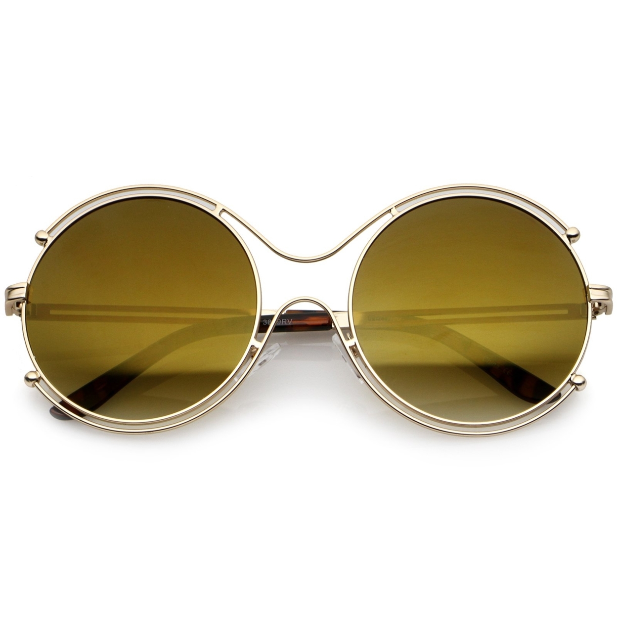 Oversize Wire Rimmed Temple Cutout Colored Mirror Round Sunglasses 58mm - Gold / Magenta-Green Mirror