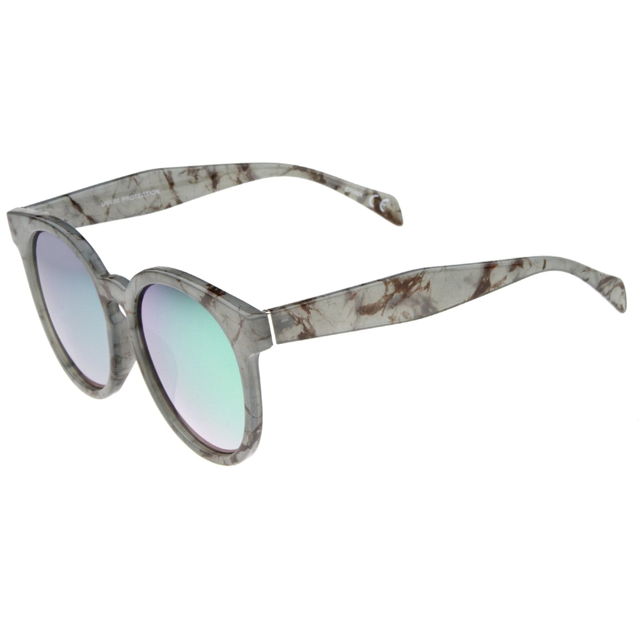 Oversized Marble Print Colored Mirror Lens Horn Rimmed Sunglasses 55mm - Red-Marble / Green-Orange Mirror