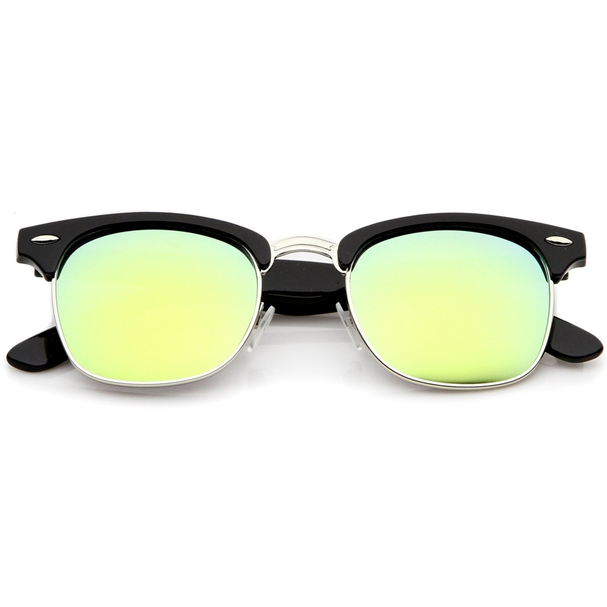 Premium Half Frame Colored Mirror Lens Horn Rimmed Sunglasses 50mm - Black-Gold / Yellow Mirror