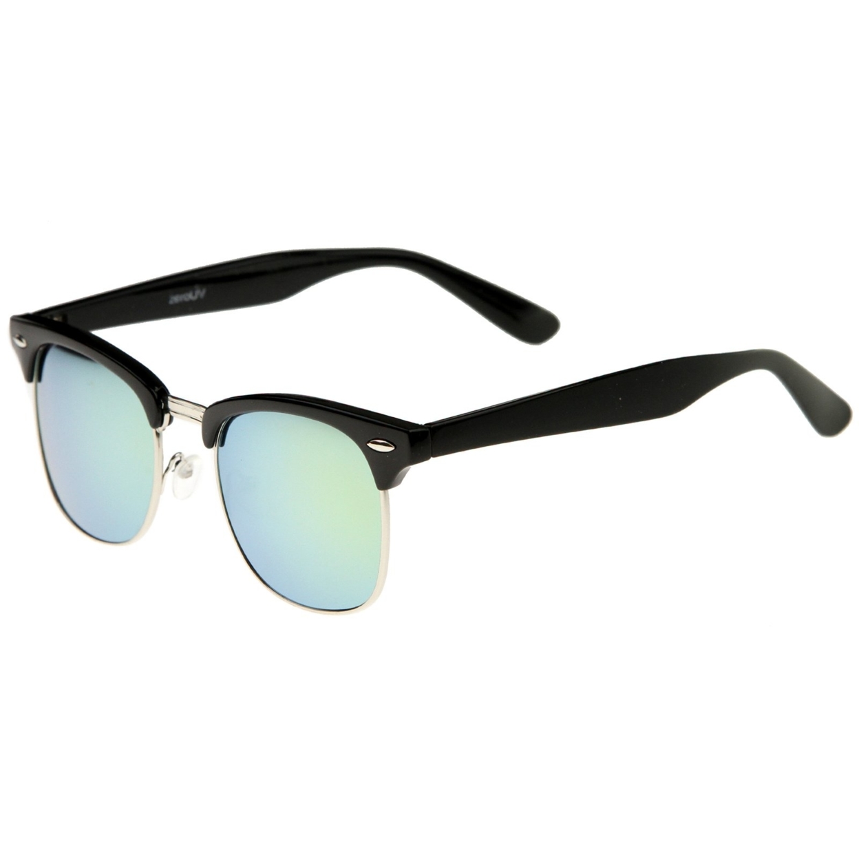 Premium Half Frame Colored Mirror Lens Horn Rimmed Sunglasses 50mm - White-Gold / Blue Mirror