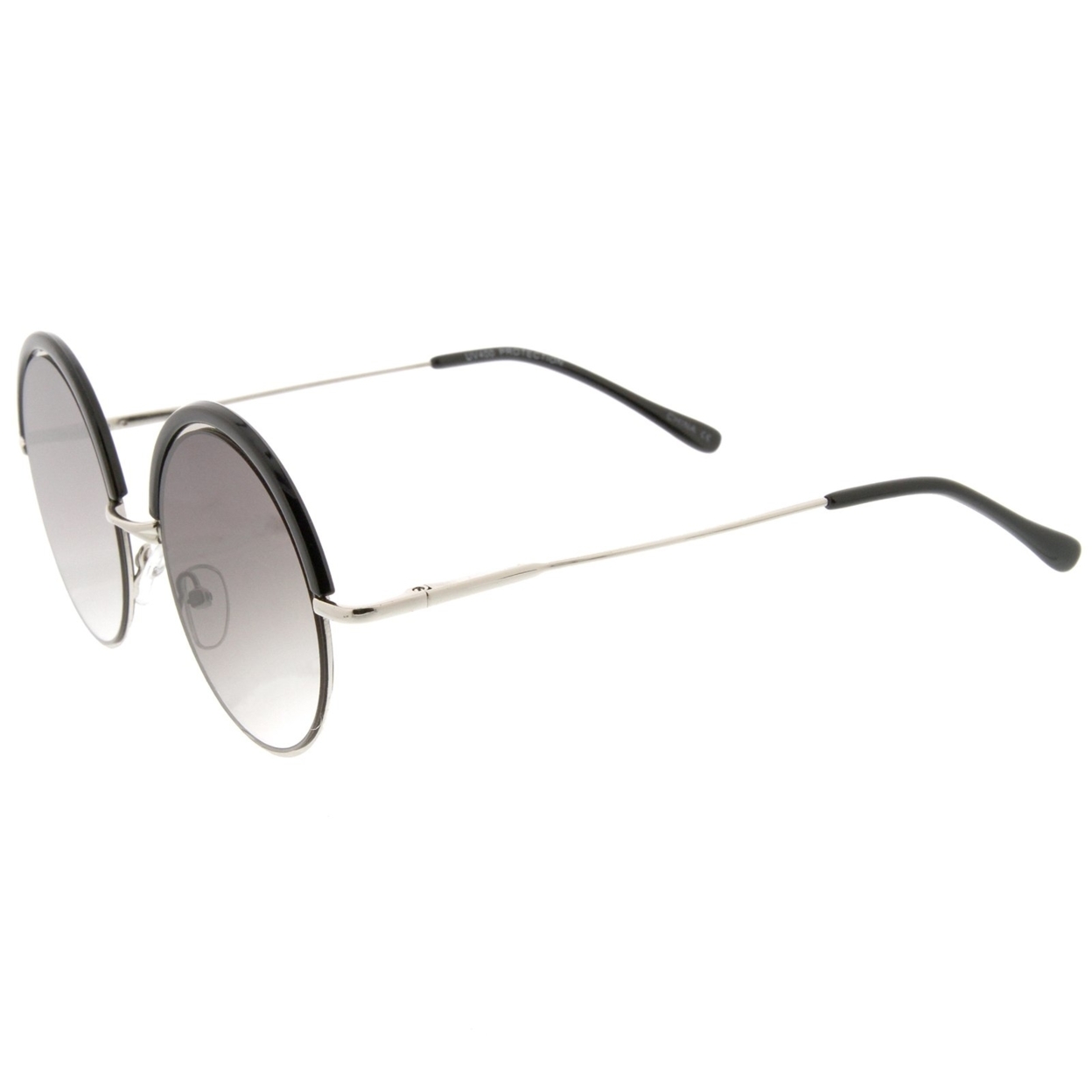 Retro Metal Frame Thin Temple Top Trim Flat Lens Round Sunglasses 51mm - Black-Silver / Lavender