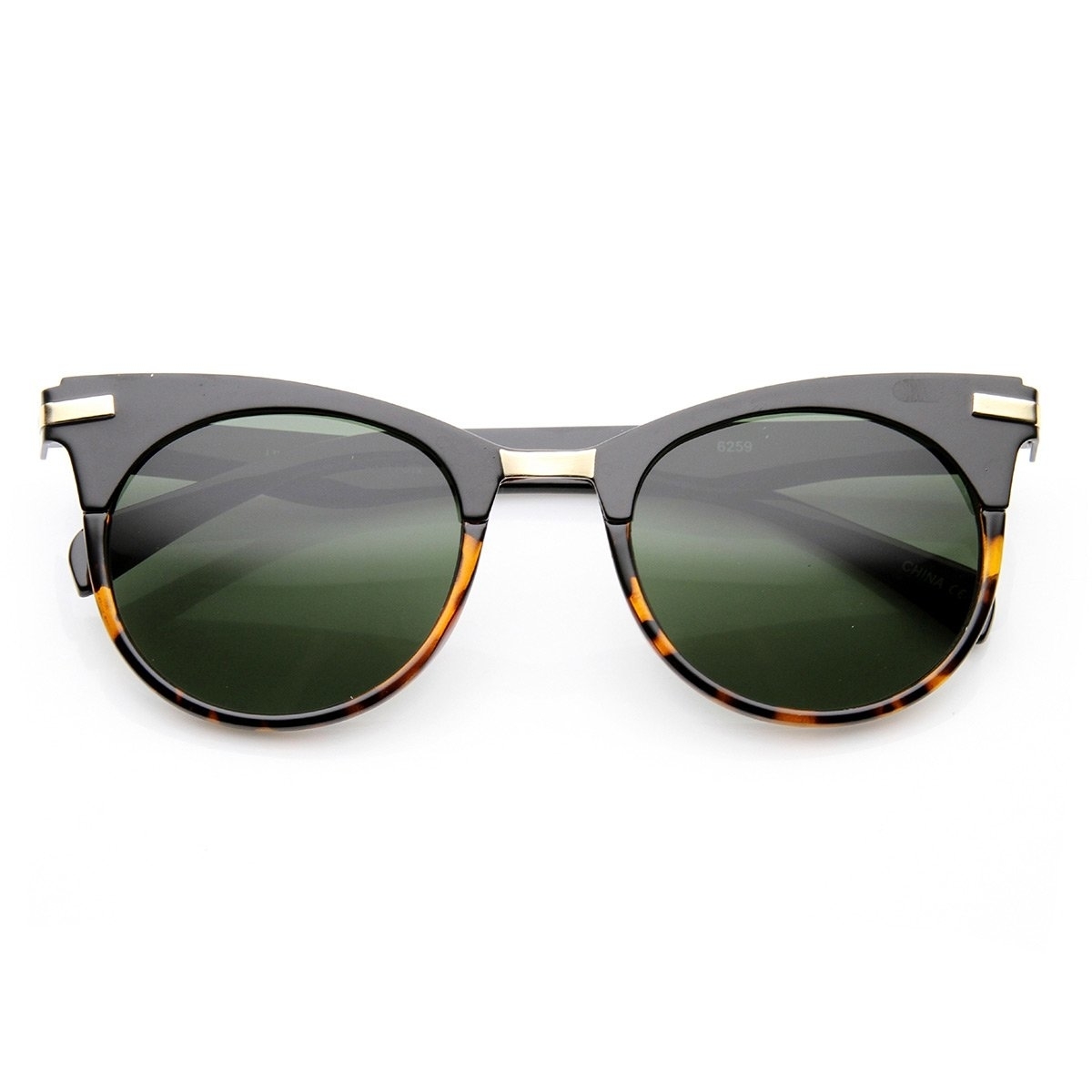 Retro Mod Fashion High Temple Riveted Round Cat Eye Sunglasses - Black-Clear Green