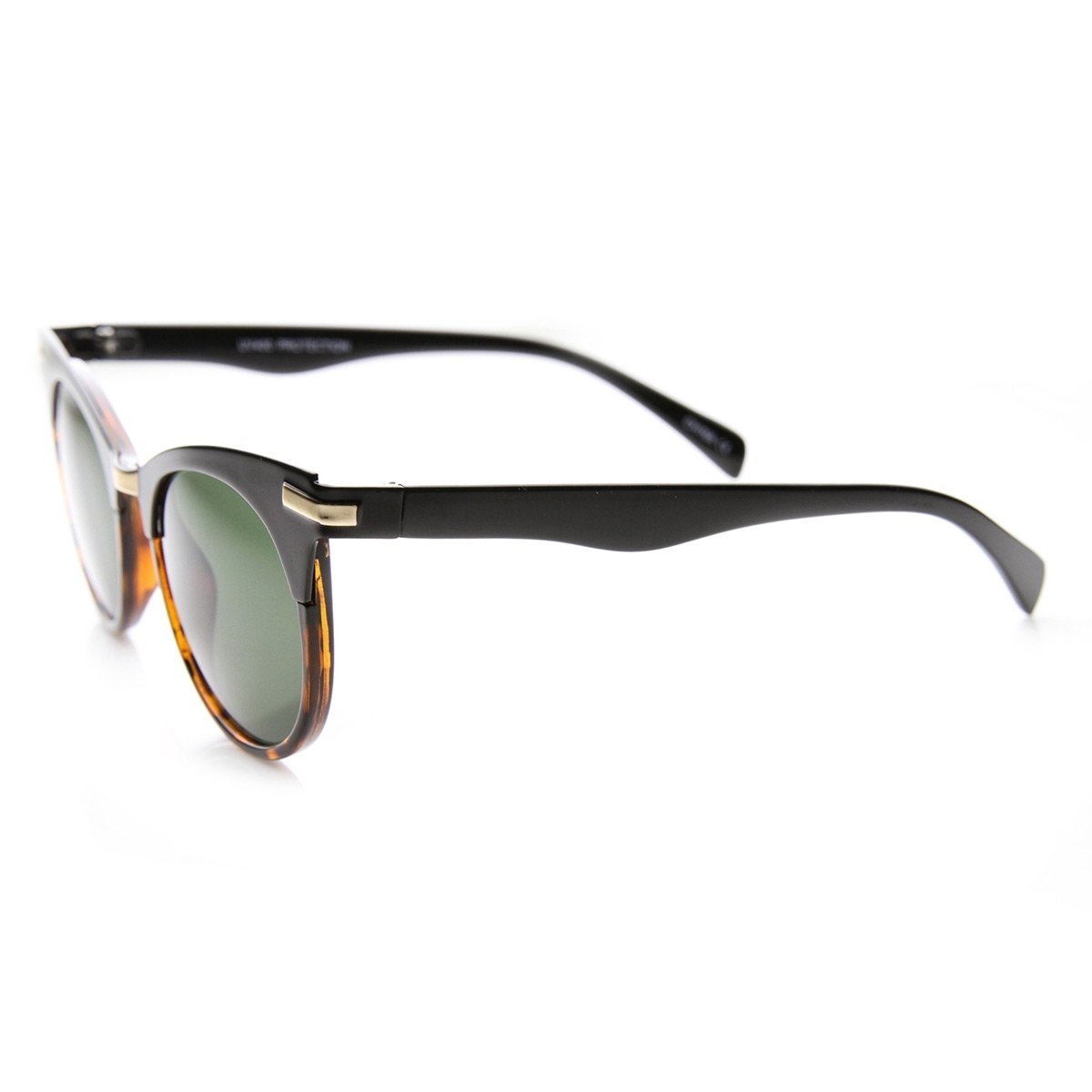 Retro Mod Fashion High Temple Riveted Round Cat Eye Sunglasses - Black-Clear Green