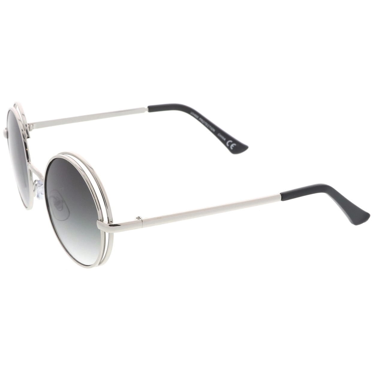 Retro Open Metal Frame Slim Temples Flat Lens Round Sunglasses 49mm - Black / Green