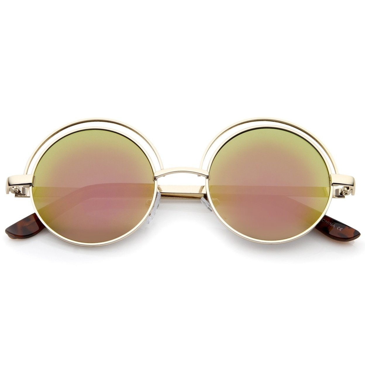 Retro Open Metal Colored Mirror Flat Lens Round Sunglasses 48mm - Gold / Green Mirror