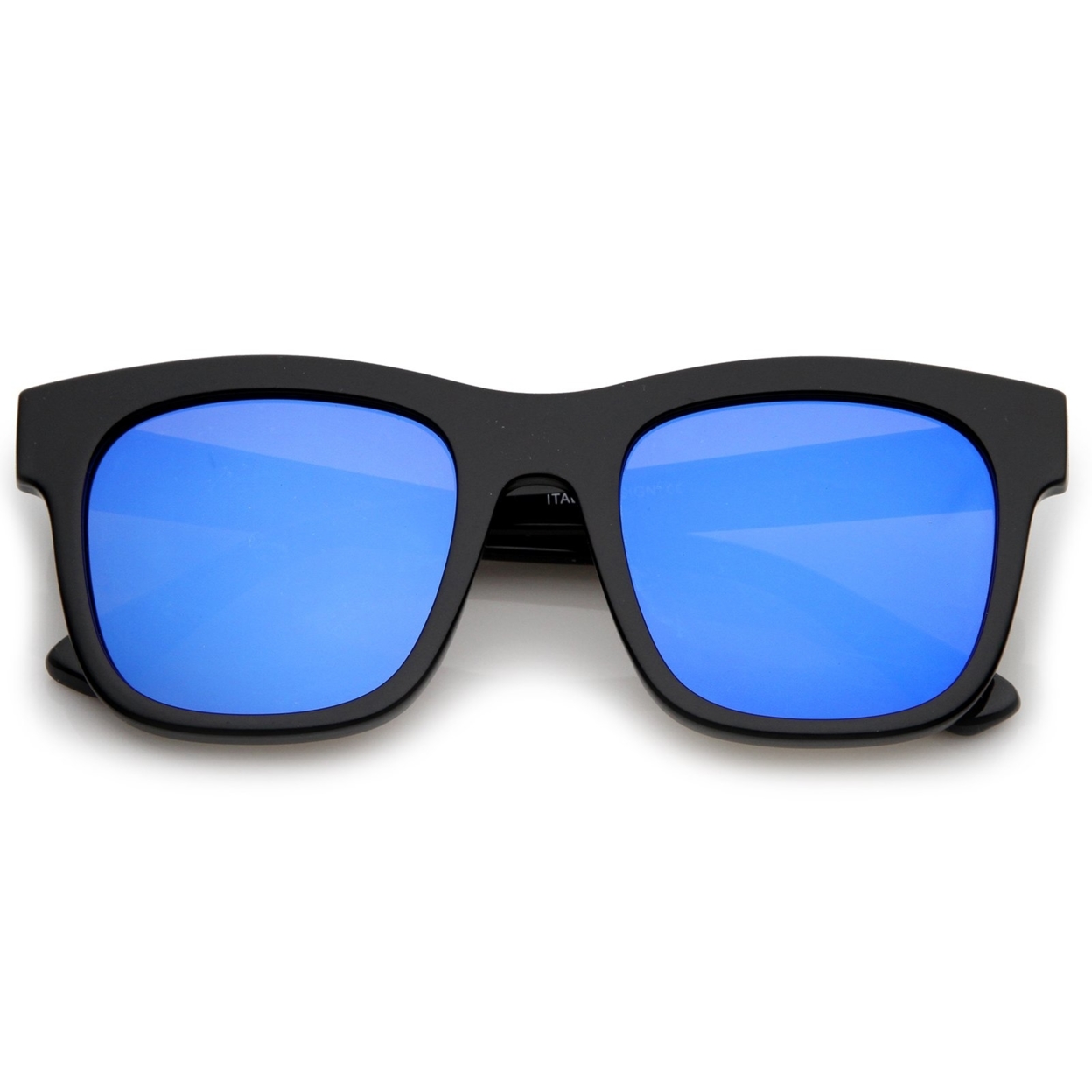 Retro Wide Temple Square Colored Mirror Flat Lens Horn Rimmed Sunglasses 57mm - Black / Blue Mirror