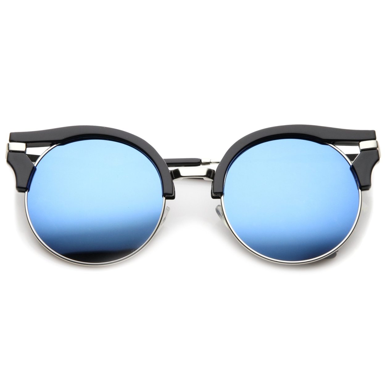 Round Half-Frame Cutout Color Mirror Flat Lens Cat Eye Sunglasses 56mm - Black-Silver / Blue Mirror