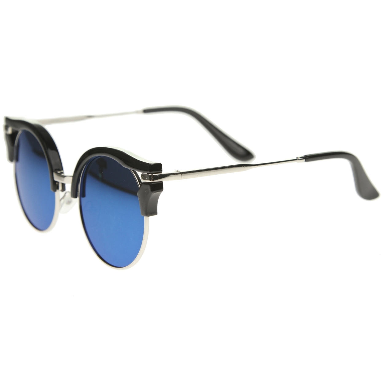 Round Half-Frame Cutout Color Mirror Flat Lens Cat Eye Sunglasses 56mm - Black-Silver / Blue Mirror