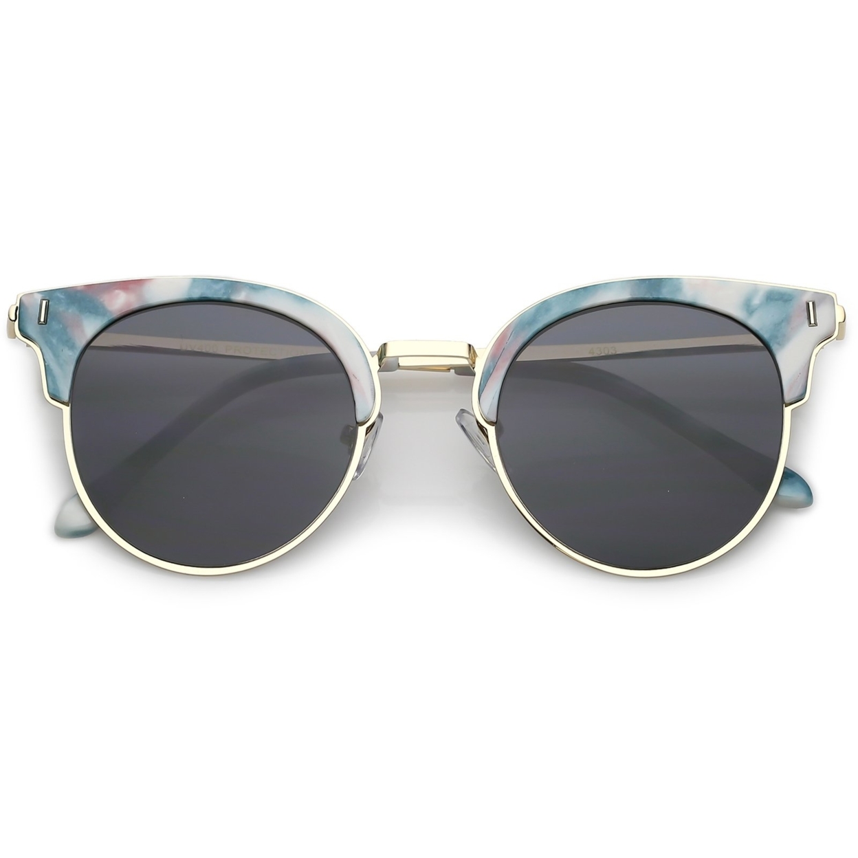 Semi Rimless Marble Print Round Cat Eye Sunglasses With Flat Lens 48mm - Black Gray Silver / Smoke