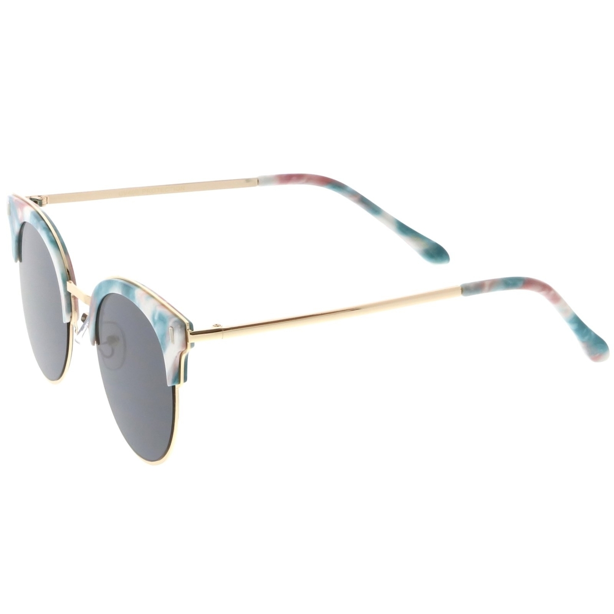 Semi Rimless Marble Print Round Cat Eye Sunglasses With Flat Lens 48mm - Blue Red Gold / Smoke