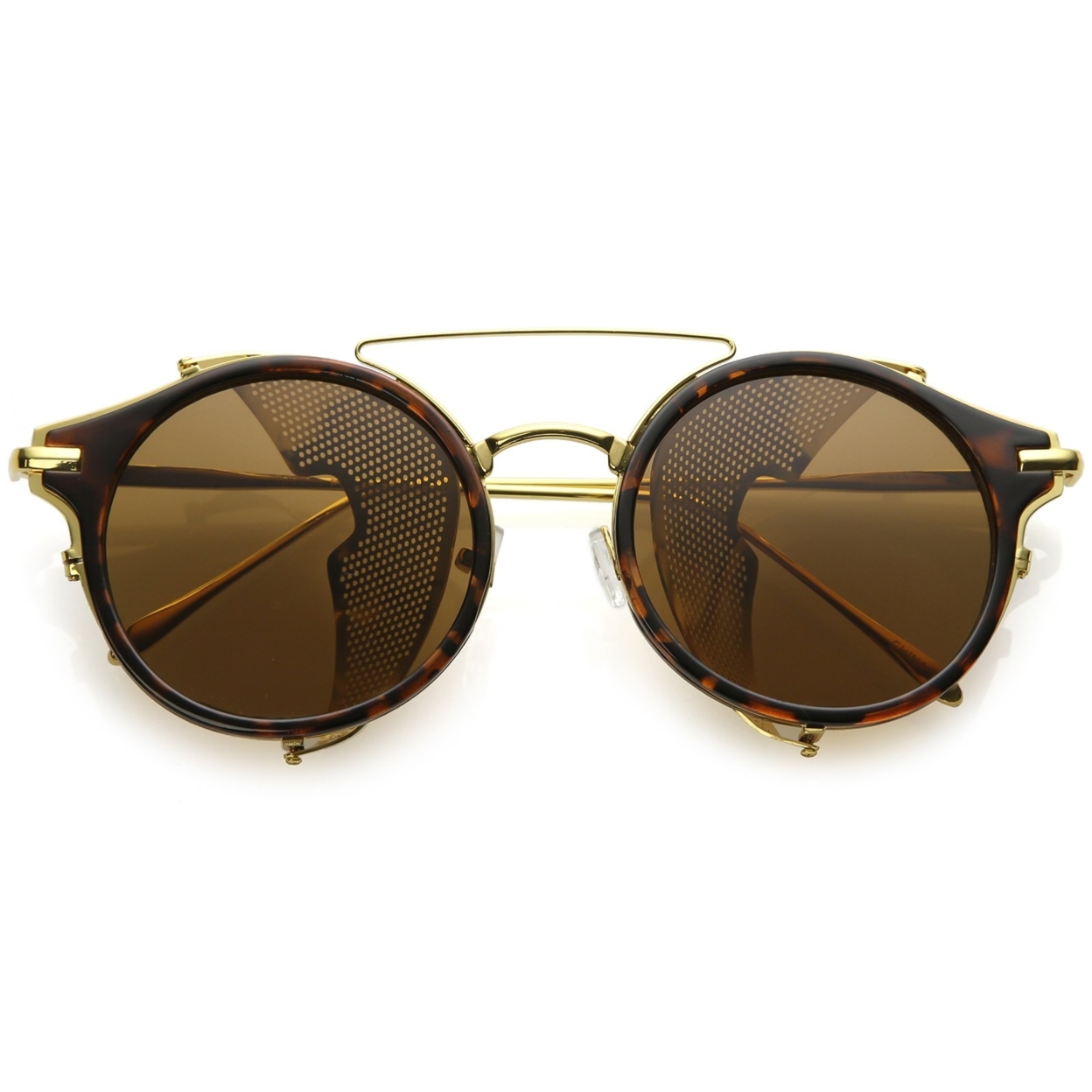 Steampunk Round Horn Rimmed Sunglasses Double Crossbar Fold In Side Covers Flat Lens 54mm - Tortoise Gold / Brown