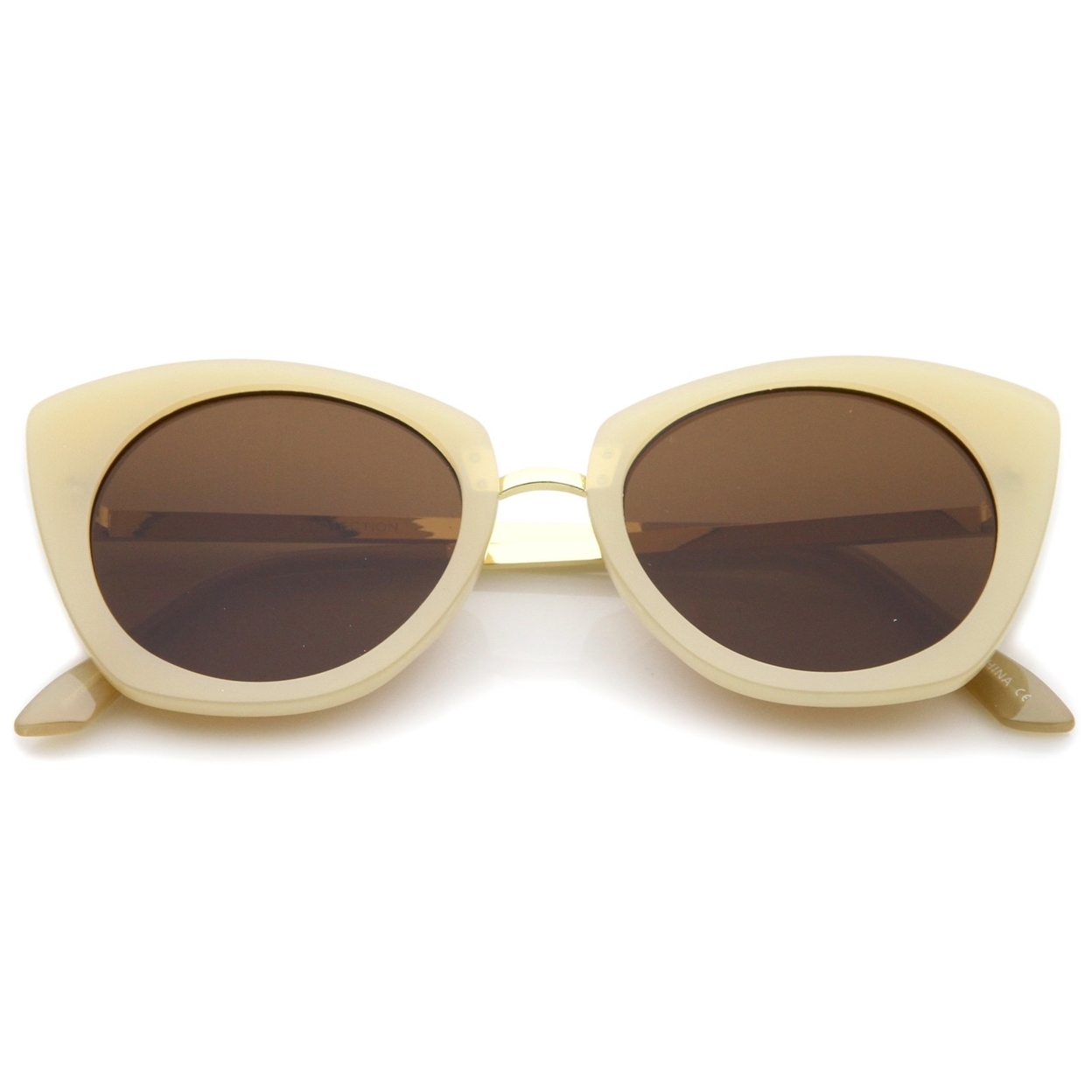 Women's Bold Frame Metal Temple Flat Lens Round Cat Eye Sunglasses 52mm - Tortoise-Gold / Amber