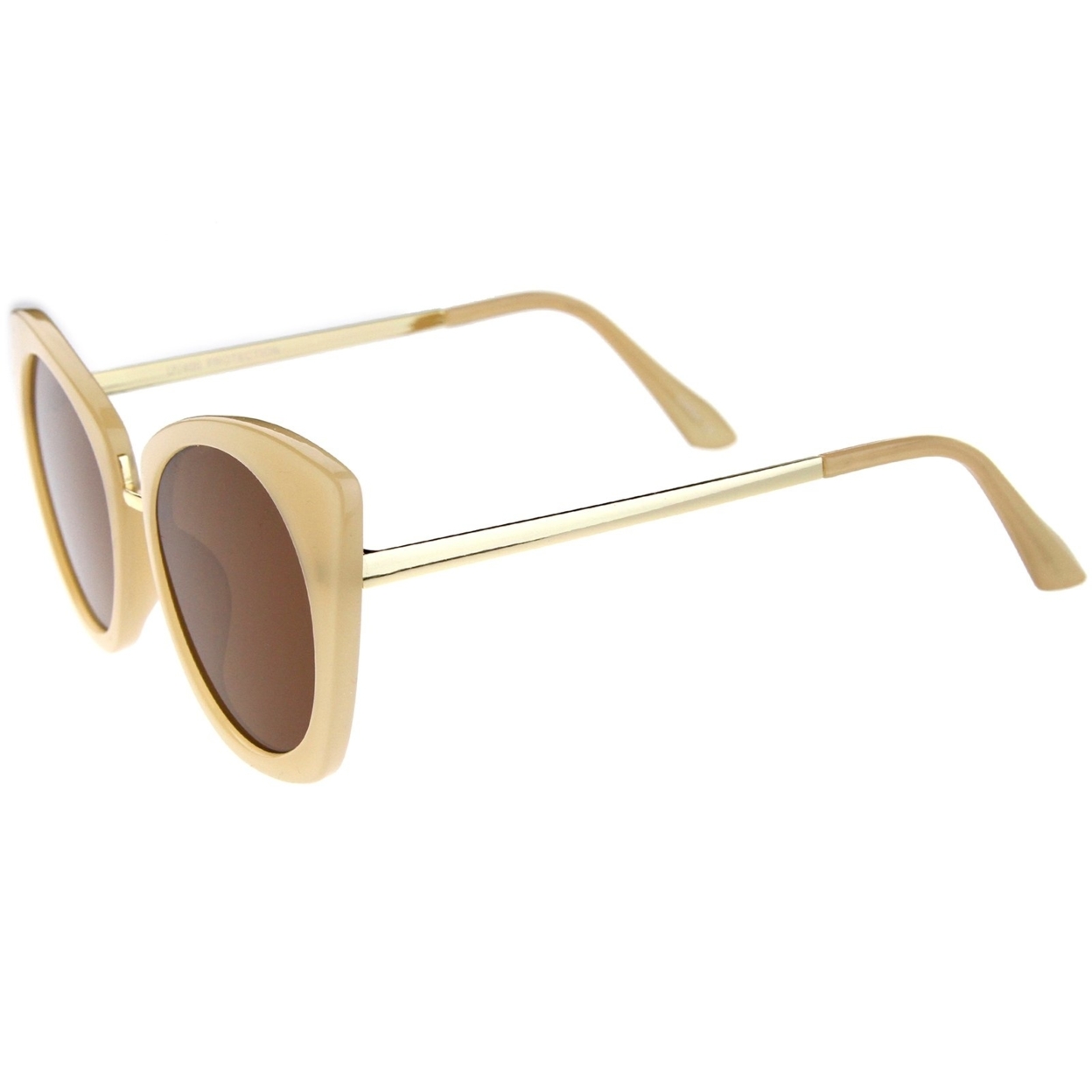 Women's Bold Frame Metal Temple Flat Lens Round Cat Eye Sunglasses 52mm - Creme-Gold / Brown