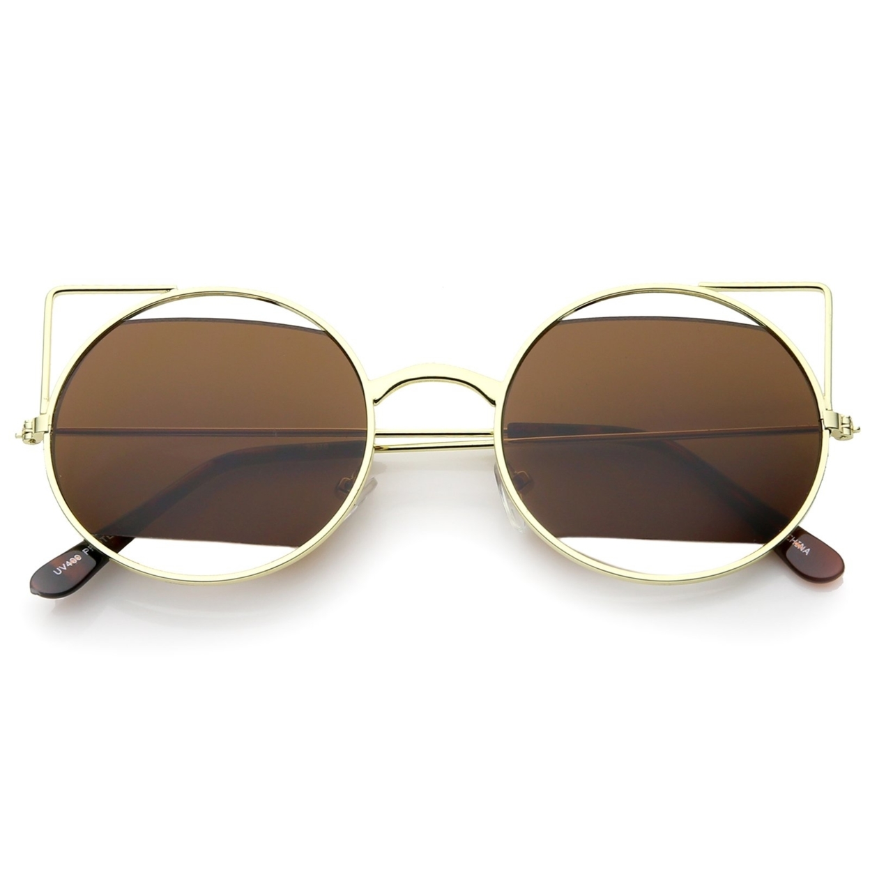 Women's Cutout Metal Open Frame Lens Round Cat Eye Sunglasses 52mm - Gold / Brown