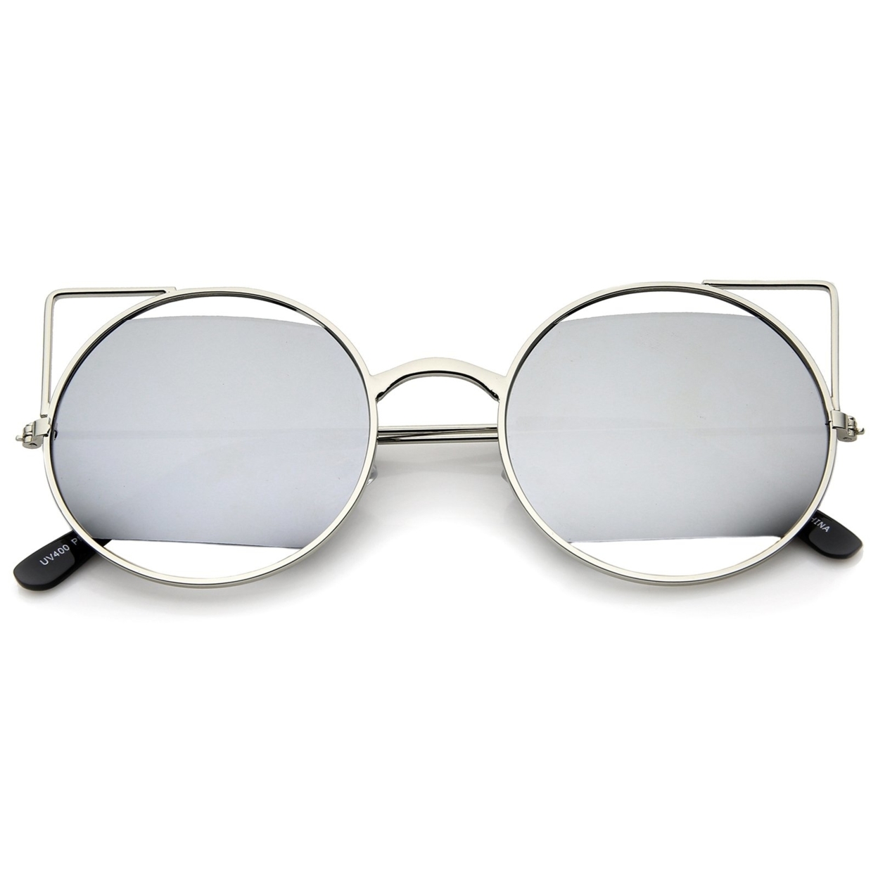 Women's Cut-Out Metal Open Frame Mirrored Lens Round Cat Eye Sunglasses 52mm - Gold / Green-Blue Mirror