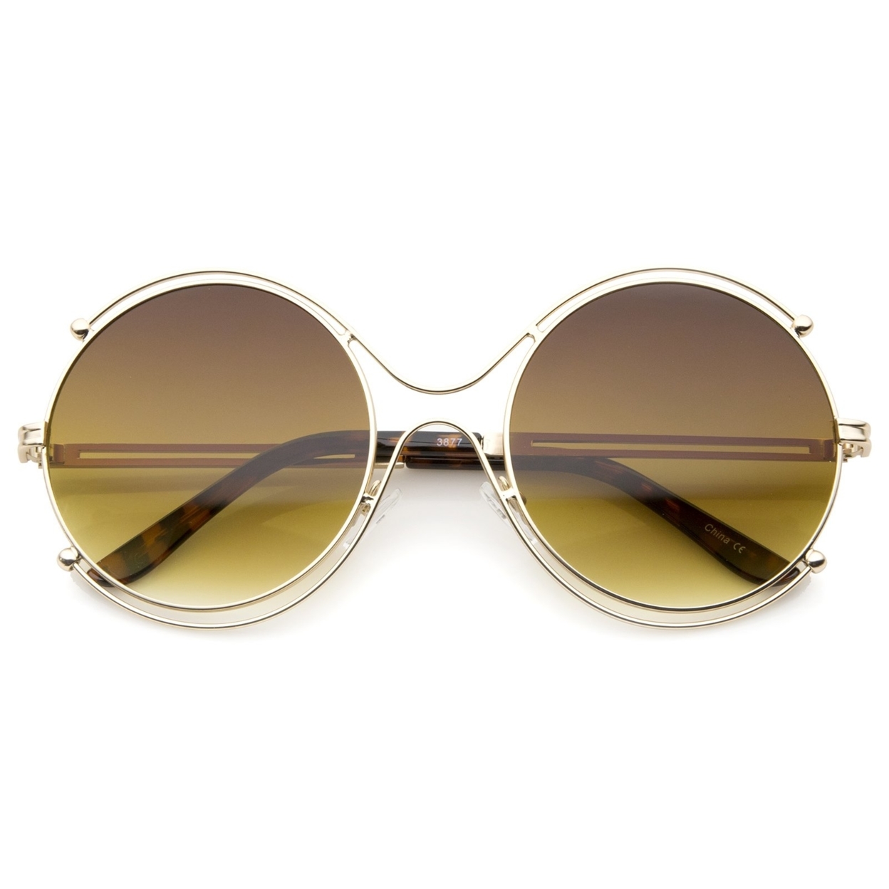 Women's Fashion Wire Rimmed Temple Cutout Round Oversized Sunglasses 58mm - Gold / Green-Amber Fade