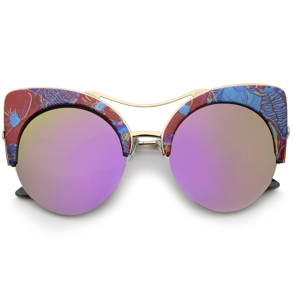 Women's Flat Lens Floral Print Semi-Rimless Round Cat Eye Sunglasses 52mm - Red-Blue-Floral / Purple Mirror