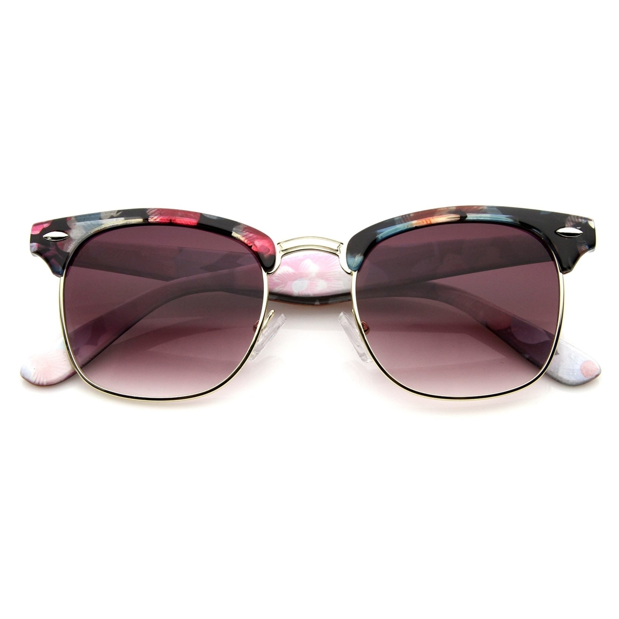 Women's Floral Printed Square Half Frame Horn Rimmed Sunglasses 50mm - Teal-Pink / Pink Gradient