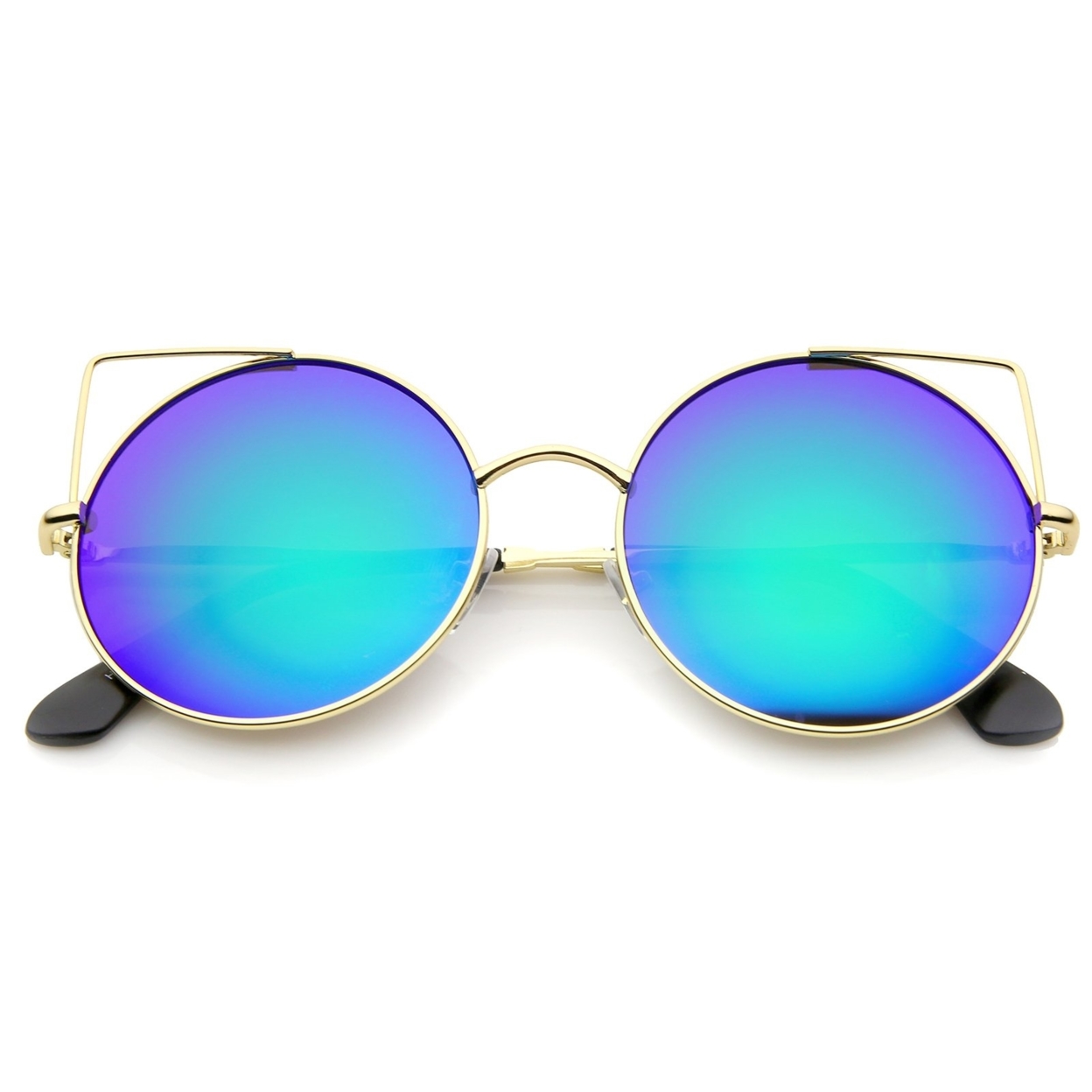 Women's Full Metal Cut Out Mirror Flat Lens Round Cat Eye Sunglasses 55mm - Gold / Blue Mirror
