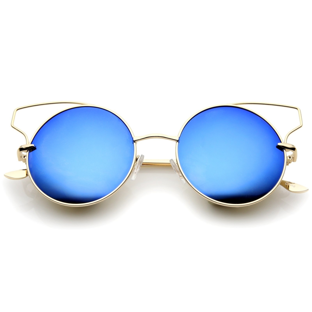Women's Full Metal Open Design Mirrored Lens Round Cat Eye Sunglasses 55mm - Gold / Blue Mirror