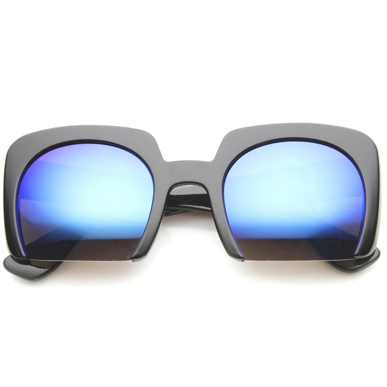 Women's High Fashion Bold Bottom Cut Square Mirrored Lens Sunglasses 52mm - Shiny Black / Blue Mirror