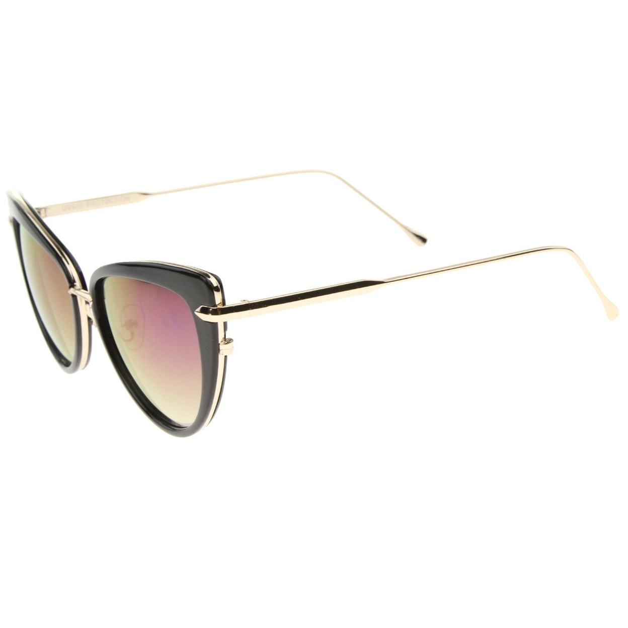 Women's High Fashion Metal Temple Super Cat Eye Sunglasses 55mm - Black-Gold / Blue Purple Mirror