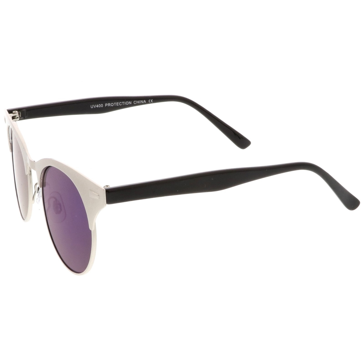 Women's Matte Finish Horn Rimmed Round Flat Mirror Lens Cat Eye Sunglasses 49mm - Black-Black / Magenta Mirror