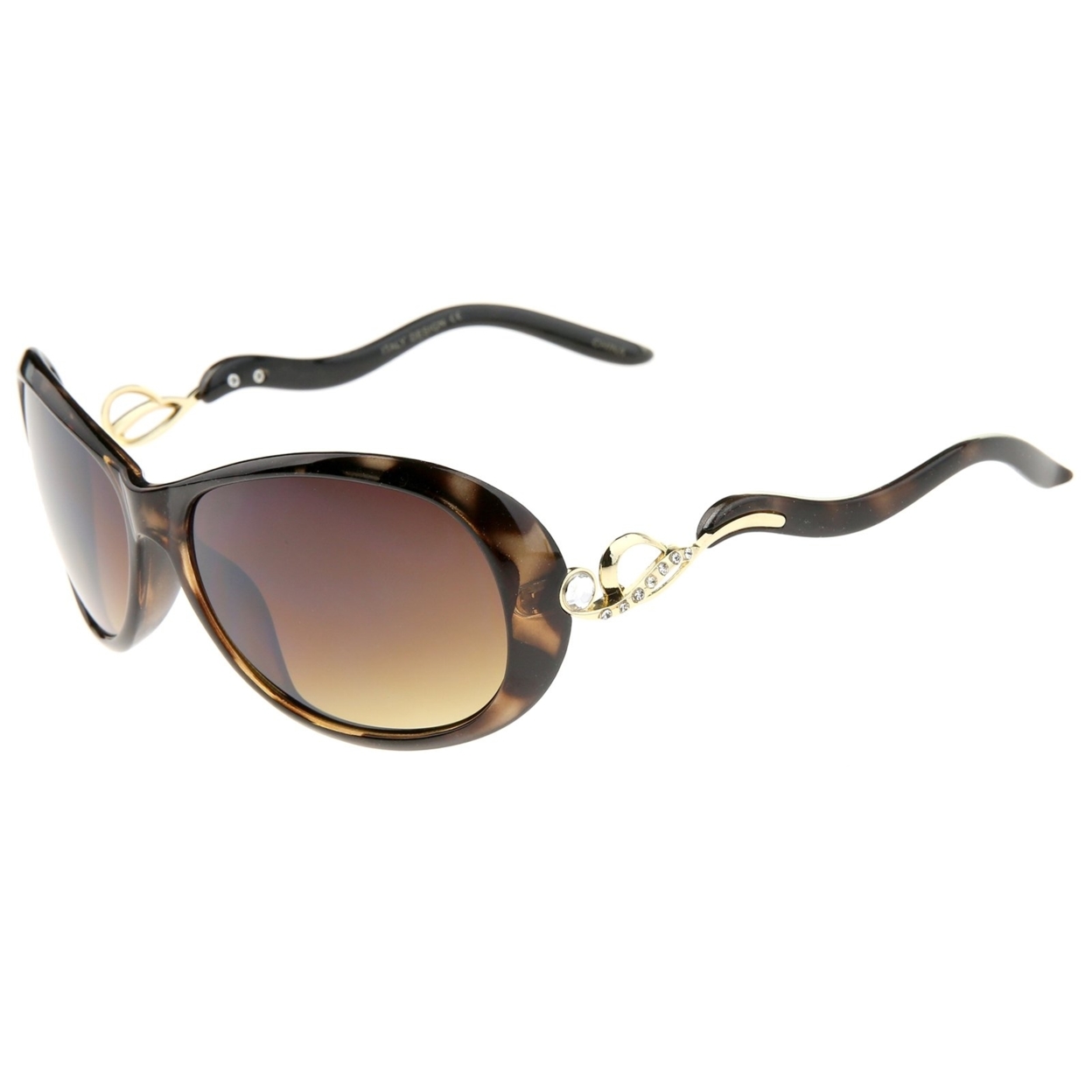 Women's Metal Temple Rhinestone Accent Oval Gradient Lens Oversize Sunglasses 61mm - Black-Silver / Lavender