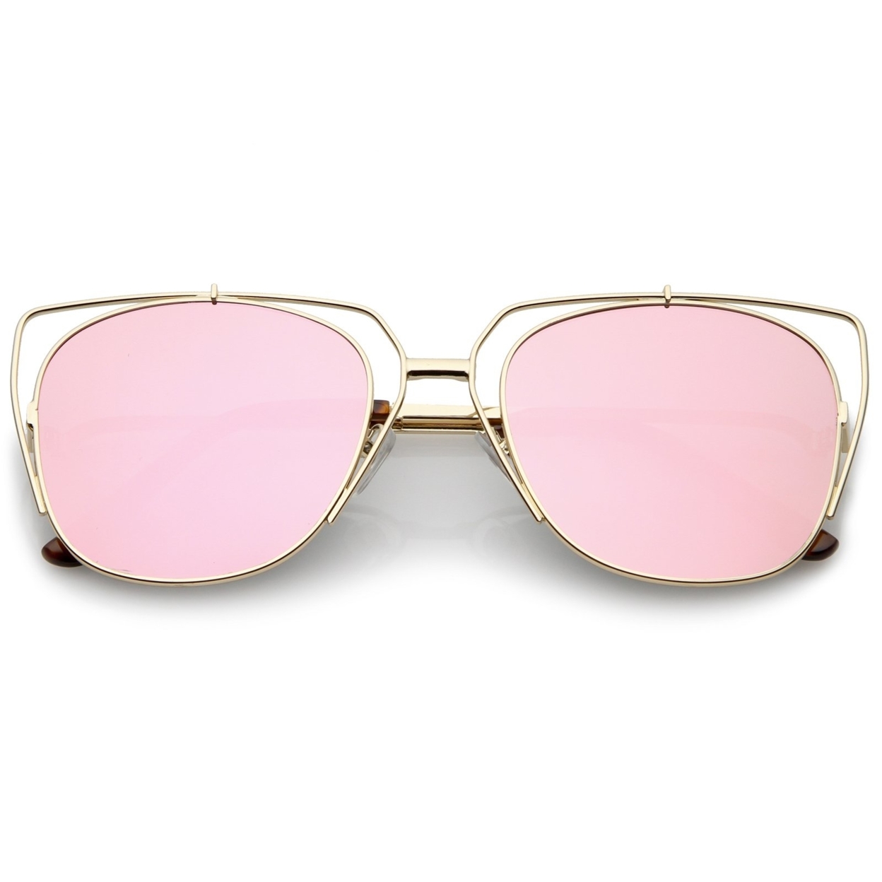 Women's Open Metal Cat Eye Sunglasses With Mirrored Flat Lens And Slim Arms 55mm - Gold / Pink Mirror