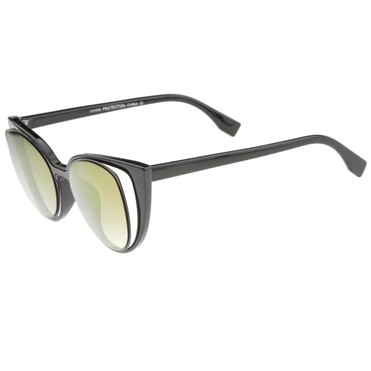 Women's Open Metal Insert Colored Mirror Lens Cat Eye Sunglasses 51mm - Black-Gold / Gold Mirror